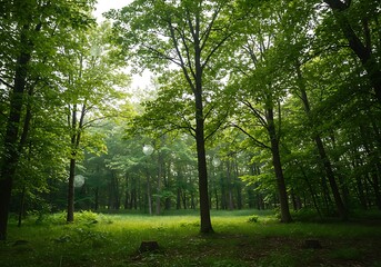 Obraz premium Serene Forest Meadow Sunlight Filtering Through Lush Green Trees