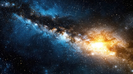 Vibrant galaxy with bright stars and cosmic dust, showcasing deep blues and fiery orange hues