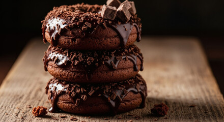 Chocolate donuts stacked on a rustic wooden board, glossy glaze