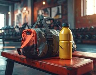 A gym bag and a water bottle sit on a bench. The gym's interior with blurred weights. Soft lighting with a bokeh effect