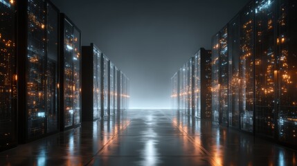 A modern data center featuring illuminated server racks, showcasing cutting-edge technology and digital infrastructure.