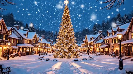 Twinkling Christmas Tree in Snowy Village - A festive Christmas tree shines brightly in a snow-covered village, creating a cozy wintry scene.