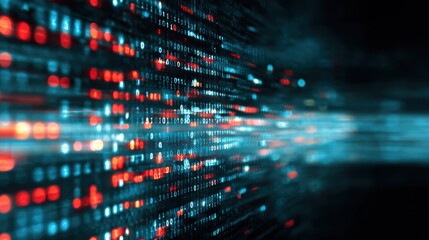 Abstract digital data stream with glowing lights in blue and red, symbolizing data transfer and technology advancement.