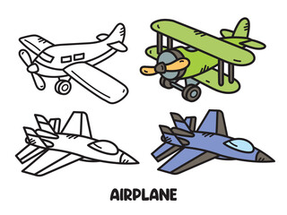 Airplane Vector illustration set, cartoon and outline airplane vector collection, kids illustration