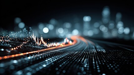 Abstract representation of digital data flow with vibrant colors and dynamic wave patterns against a city skyline.