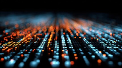 Abstract representation of digital data streams with glowing particles in blue and orange tones.