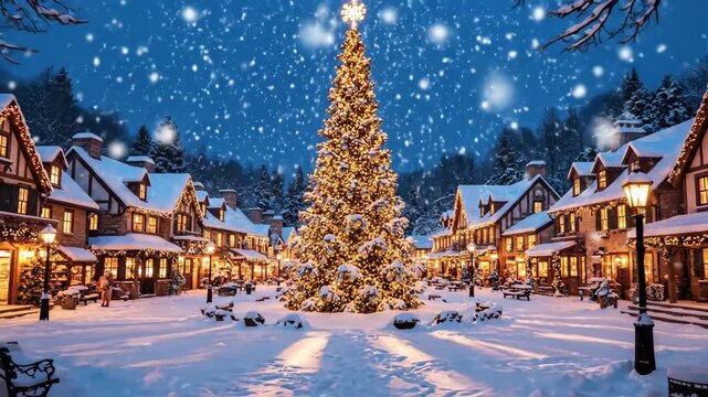 Twinkling Christmas Tree in Snowy Village - A festive Christmas tree shines brightly in a snow-covered village, creating a cozy wintry scene.