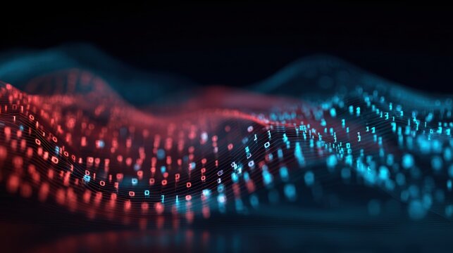 Abstract digital waves illuminated in blue and red, representing data flow and innovation in technology. - Powered by Adobe