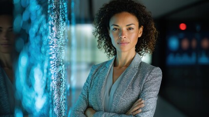 Confident business woman standing beside a digital display, showcasing leadership and innovation in a modern workspace.