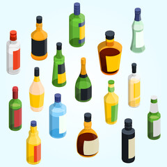 Isometric Various Alcohol Bottle Illustration with Label Design on Background