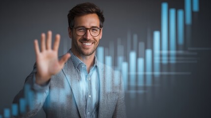 Confident businessman greeting with hand raised, symbolizing success and growth, with a graphical representation of progress.