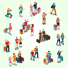 Isometric Diverse Tourist Crowd with Luggage and Camera Illustration on Plain Background