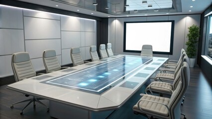 A modern conference room featuring a sleek design, large table, advanced technology, and ample seating, creating a professional atmosphere for meetings.
