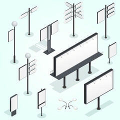 Isometric Minimalist Street Advertising Structure Billboard Mockup and Road Sign Collection © enggartiasto