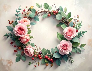 Elegant floral wreath featuring pink roses, red berries, and foliage