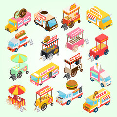 Naklejka premium Isometric Detailed Food Truck Cart Stand Stall Vendor Illustration Set