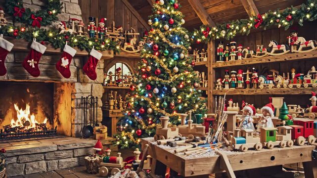 Festive Christmas Workshop Scene - Festive scene shows a Christmas tree and decorated fireplace in a workshop filled with handcrafted wooden toys.