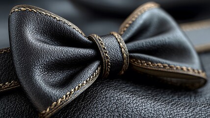 Black Leather Bow with Gold Stitching - Men's Formal Bow Tie & High-End Accessory Design Detail