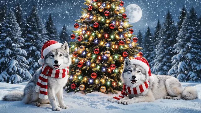 Wolves Celebrate Christmas in Festive Winter Wonderland - Two adorable wolves wearing Santa hats and striped scarves are nestled in the snow in front of a brightly lit Christmas tree, creating a