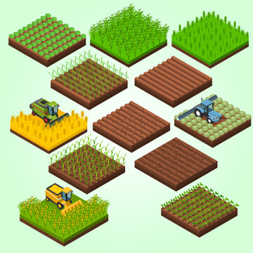 Isometric Farm Fields and Agricultural Machinery Set for Farming Concept