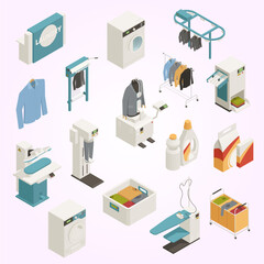 Isometric Detailed Laundry Service Element and Equipment Collection Illustration