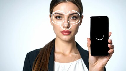 Woman with Glasses and Phone Demonstrating Technology and Facial Recognition. - Powered by Adobe