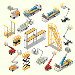 Isometric Detailed Cherry Picker and Scaffolding Construction Equipment Industrial Illustration © enggartiasto