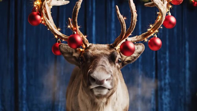 Reindeer with Christmas Ornaments - Close-up of a reindeer head displaying its antlers adorned with bright red ornaments and lights, against a dark blue backdrop.