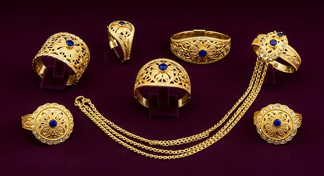Luxurious gold jewelry collection, featuring intricately designed rings, elegant bracelets, and a delicate chain, all adorned with captivating blue gemstones on a rich purple backdrop