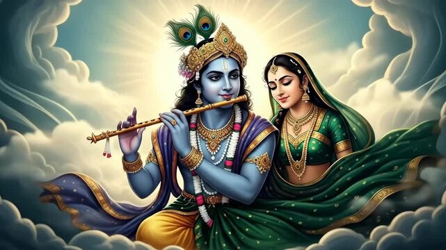 Divine Krishna and Radha in Celestial Clouds Spiritual Harmony and Eternal Love Depiction