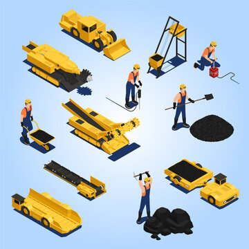 Isometric Detailed Coal Mining Industry Process and Equipment Illustration Set