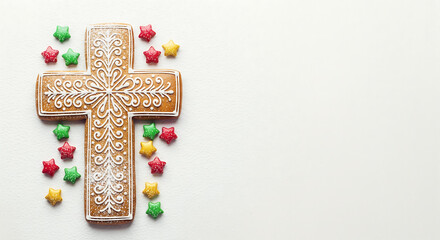 Artistically decorated gingerbread cross cookie with colorful star sprinkles on a clean white background, a festive religious holiday treat, good day, copy space