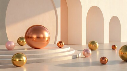 Abstract 3D Metallic Orbs with Warm Lighting and Soft Reflections, Minimalist Digital Art