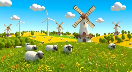 Cartoon Landscape with Sheep, Windmills, and Wind Turbines