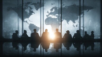 Business people silhouettes in a meeting room with world map background