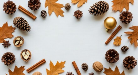 Autumnal frame of pine cones, walnuts, cinnamon sticks and leaves