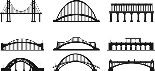 Bridge silhouettes collection, suspension bridge, arch bridge, truss bridge, beam bridge, classical architecture, modern design, engineering structure, construction, architecture