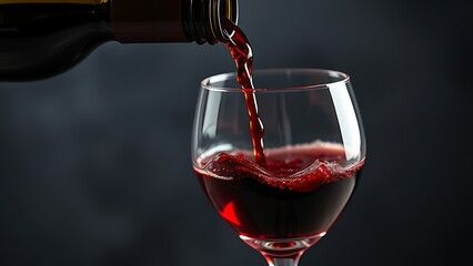 decanting. A close-up of a wine bottle pouring deep red liquid into a crystal glass with dramatic lighting. bar promotions, beverage menus, designed for product packaging and bar promotions.