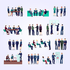 Flat Style Professional Business People Meeting and Conference Illustration Set