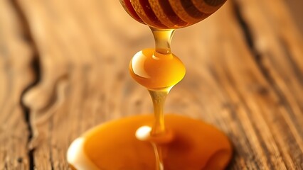 oligarchy. Golden honey dripping from a wooden spoon against a natural wood background. menu design, packaging mockups, designed for culinary blogs and recipe cards for restaurants.