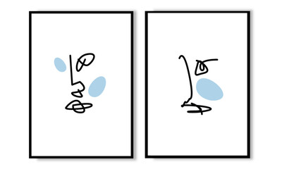 Woman face line drawing wall art. Set of 2 female figure wall print with blue organic shapes. Modern aesthetic for boho and japandi home decor.