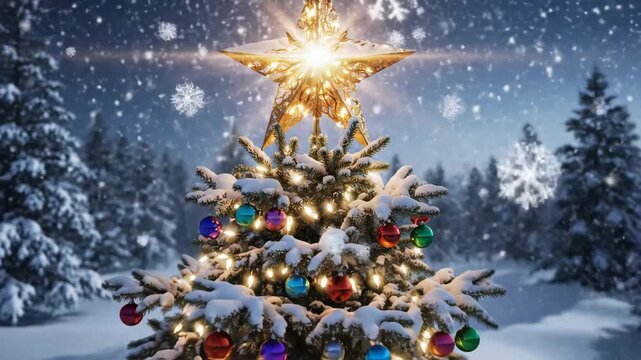 Glowing Christmas Tree in a Snowy Winter Scene - A beautiful, snow-covered Christmas tree stands prominently in a winter landscape, adorned with colorful ornaments and a bright, glowing star on top.
