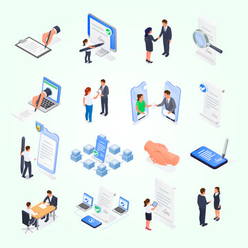 Isometric Digital Agreement Document Business Contract Signature Process Set Illustration