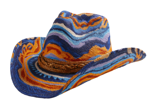Patterned cowboy hat with wavy, bright blue, orange design
