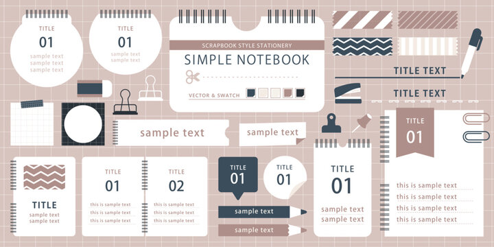 くすみピンクとネイビーの文房具とノートデザイン素材／落ち着いたトーンのステーショナリーセット | ベクター素材 編集可能 フレーム 装飾品 あしらい