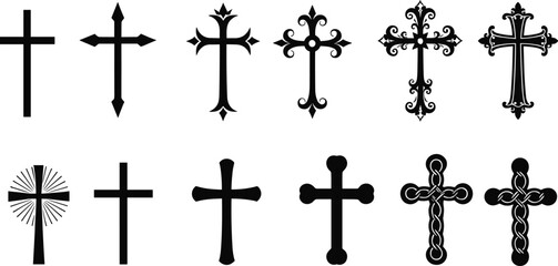 Christian cross symbols collection, religious icon set, ornate decorative crosses, simple modern cross designs, faith spirituality icons, Christianity graphic illustration