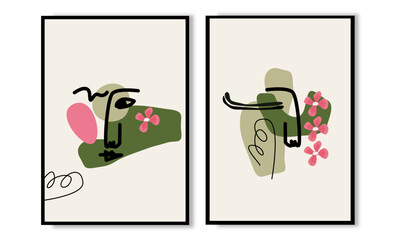 Vintage woman face line art drawing wall art. Aesthetic contemporary woman portrait wall decoration for aesthetic home.