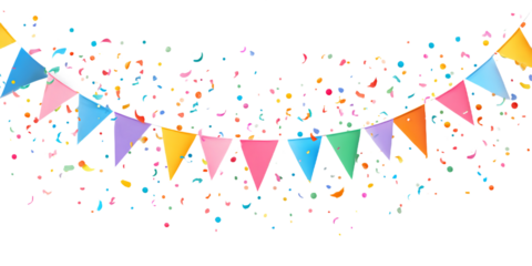 Colorful Triangle Flags Garlands with Falling Confetti on Transparent Background, PNG