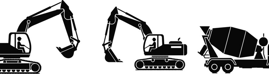 Construction vehicles silhouette, excavator, digger, concrete mixer truck, heavy machinery, industrial equipment, building tools, construction site, 