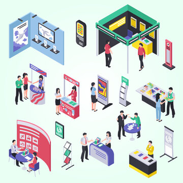 Isometric Detailed Trade Show Exhibition Booth Display Stand with People